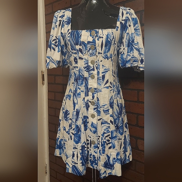 House of Harlow 1960 Dress Blue Floral Mini Coastal Cowgirl Linen Blend - Picture 2 of 16